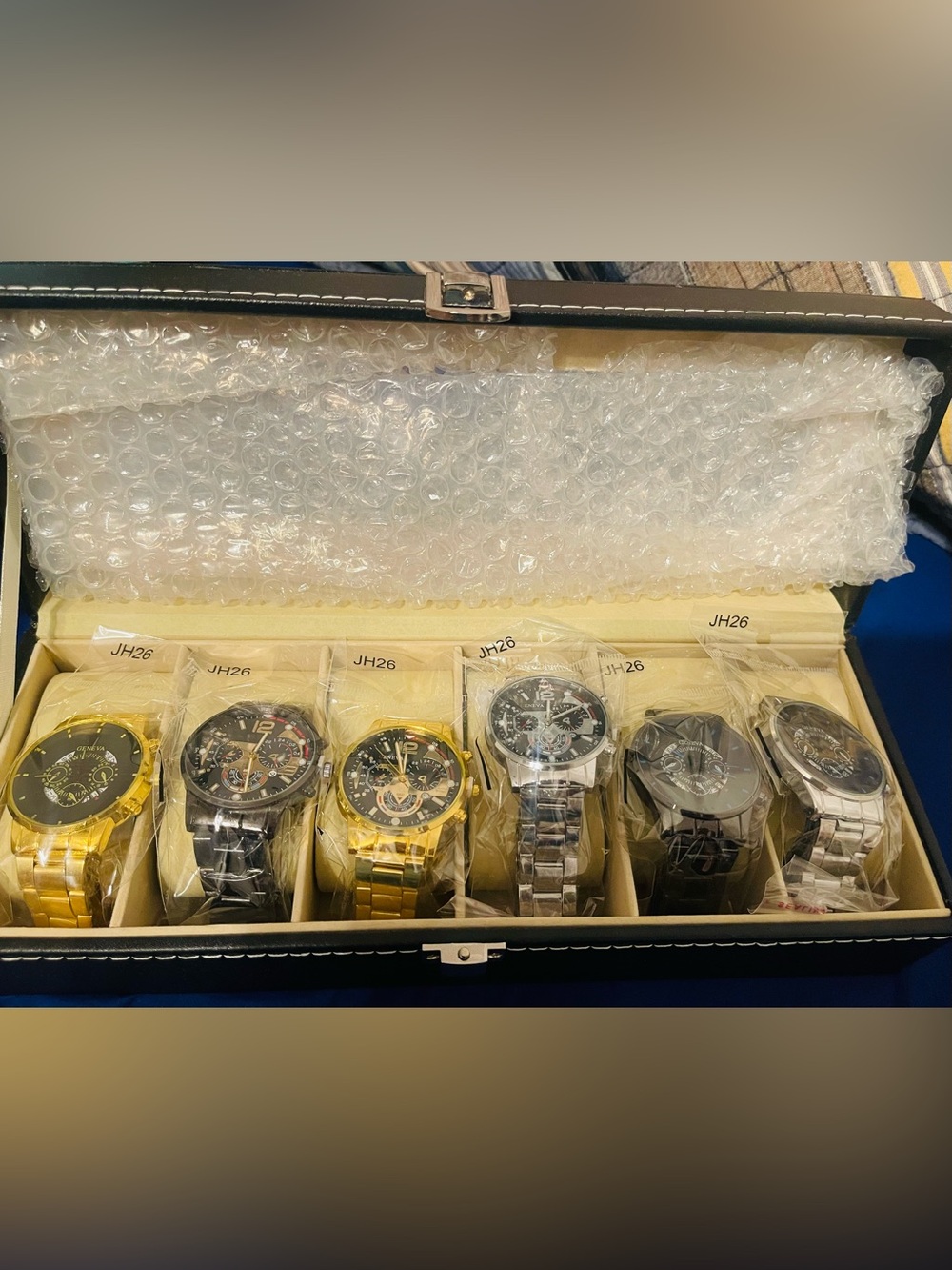 6 pcs Men's Stainless Steel-Gold, Black & Silver Options with watch box display